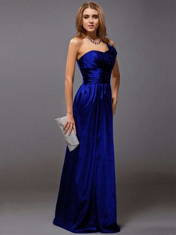 Sheath/Column One-Shoulder Sleeveless Ruffles Long Satin Bridesmaid Dresses CICIP0005611