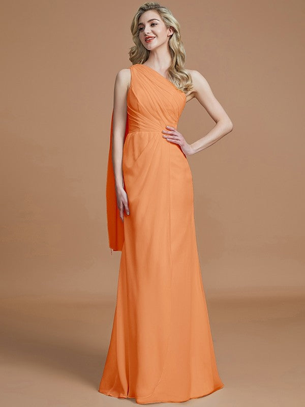 Sheath/Column One-Shoulder Sleeveless Floor-Length Chiffon Bridesmaid Dresses CICIP0005565