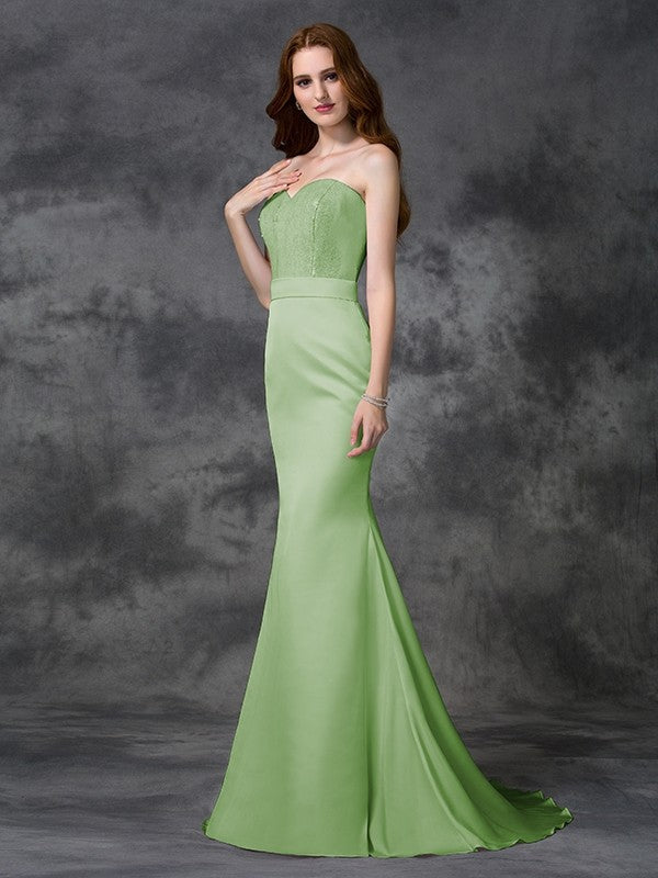 Trumpet/Mermaid Sweetheart Beading Sleeveless Long Satin Chiffon Bridesmaid Dresses CICIP0005321