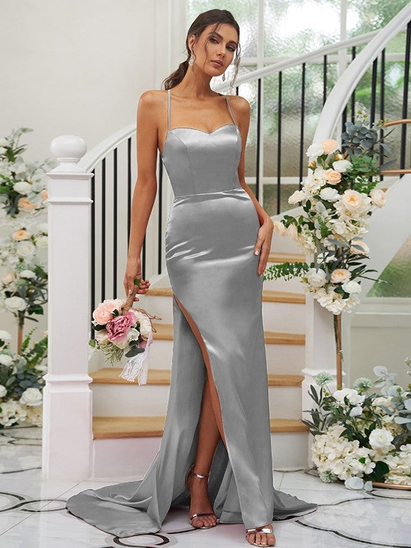 Sheath/Column Elastic Woven Satin Ruched Square Sleeveless Sweep/Brush Train Bridesmaid Dresses CICIP0004933