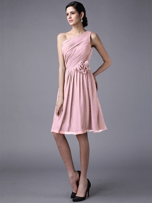 Sheath/Column One-Shoulder Sleeveless Pleats Short Chiffon Bridesmaid Dresses CICIP0005846