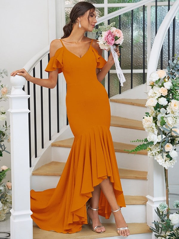 Trumpet/Mermaid Jersey Ruffles V-neck Sleeveless Asymmetrical Bridesmaid Dresses CICIP0004937