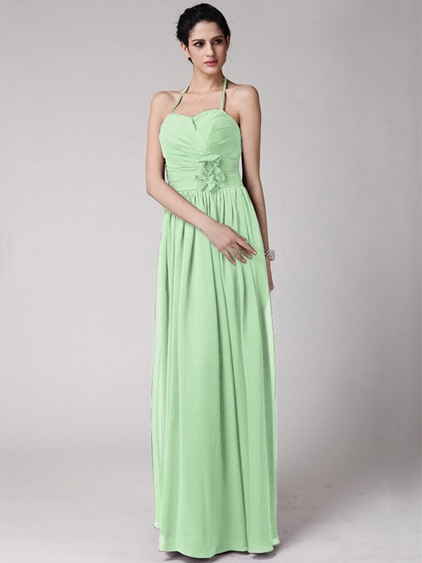 Sheath/Column Halter Sleeveless Hand-Made Flower Long Chiffon Bridesmaid Dresses CICIP0005817