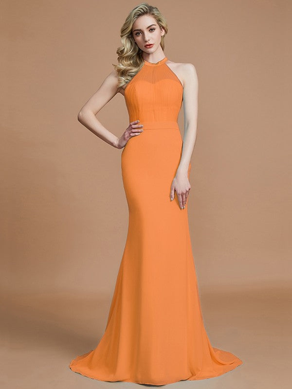 Trumpet/Mermaid Sleeveless Scoop Sweep/Brush Train Chiffon Bridesmaid Dresses CICIP0005142