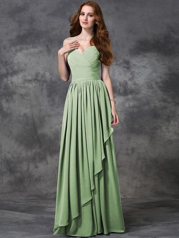 A-line/Princess Spaghetti Straps Sleeveless Long Ruffles Chiffon Bridesmaid Dresses CICIP0005431