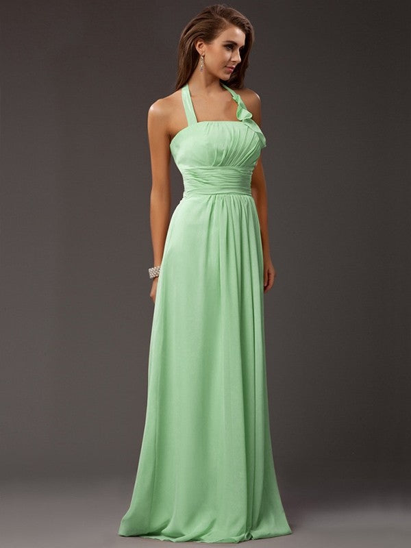 Sheath/Column Halter Sleeveless Ruffles Long Chiffon Bridesmaid Dresses CICIP0005366