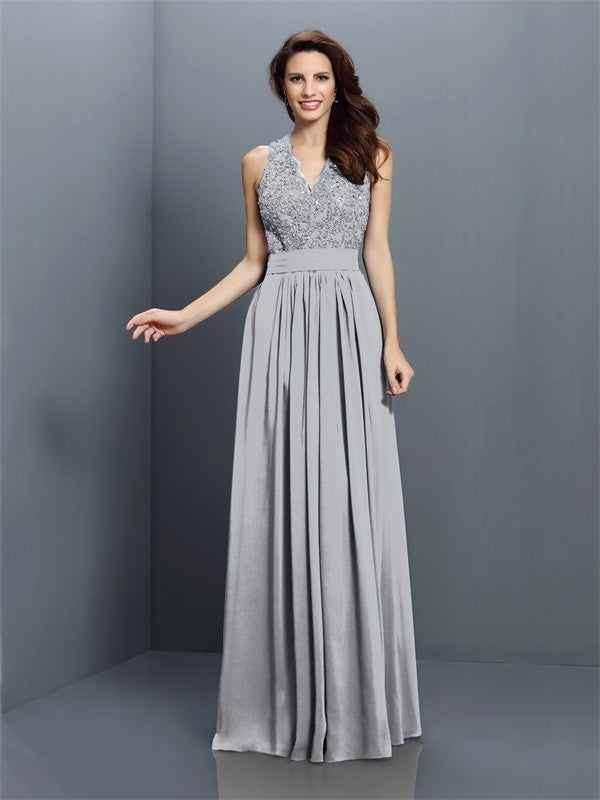 A-Line/Princess V-neck Applique Sleeveless Long Chiffon Bridesmaid Dresses CICIP0005255