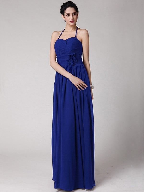 Sheath/Column Halter Sleeveless Hand-Made Flower Long Chiffon Bridesmaid Dresses CICIP0005817