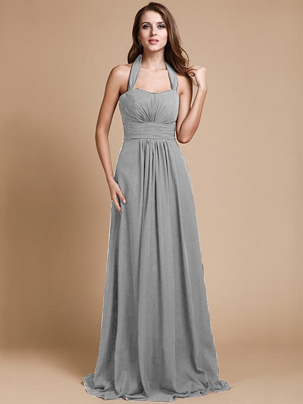 A-Line/Princess Halter Sleeveless Long Ruffles Chiffon Bridesmaid Dresses CICIP0005483