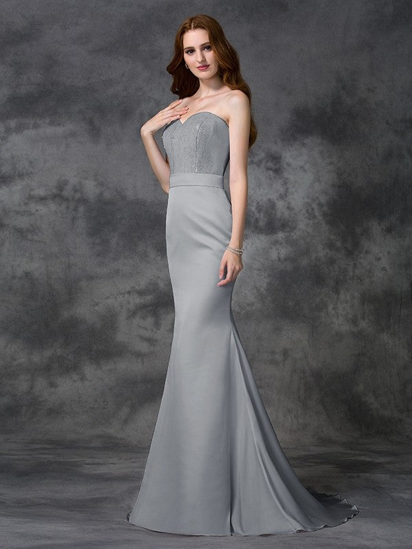 Trumpet/Mermaid Sweetheart Beading Sleeveless Long Satin Chiffon Bridesmaid Dresses CICIP0005321