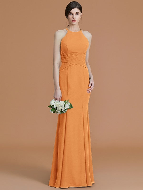 Trumpet/Mermaid Halter Sleeveless Floor-Length Ruched Chiffon Bridesmaid Dresses CICIP0005544