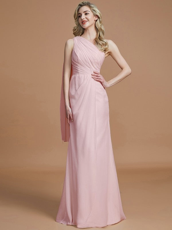 Sheath/Column One-Shoulder Sleeveless Floor-Length Chiffon Bridesmaid Dresses CICIP0005565