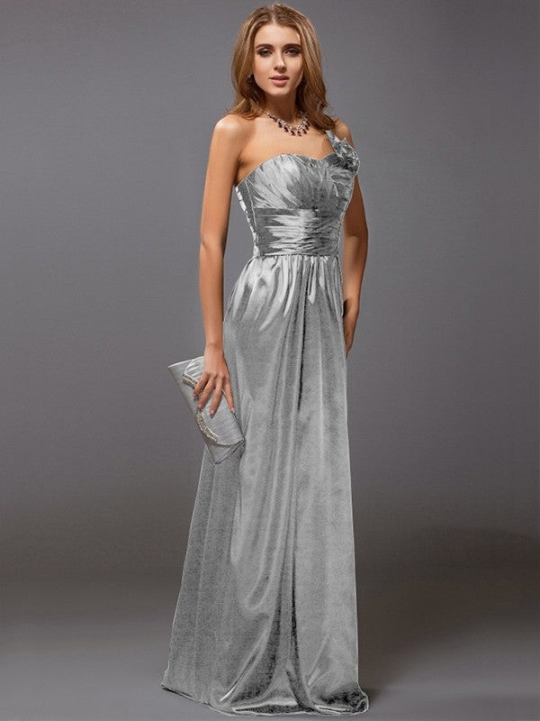 Sheath/Column One-Shoulder Sleeveless Ruffles Long Satin Bridesmaid Dresses CICIP0005611