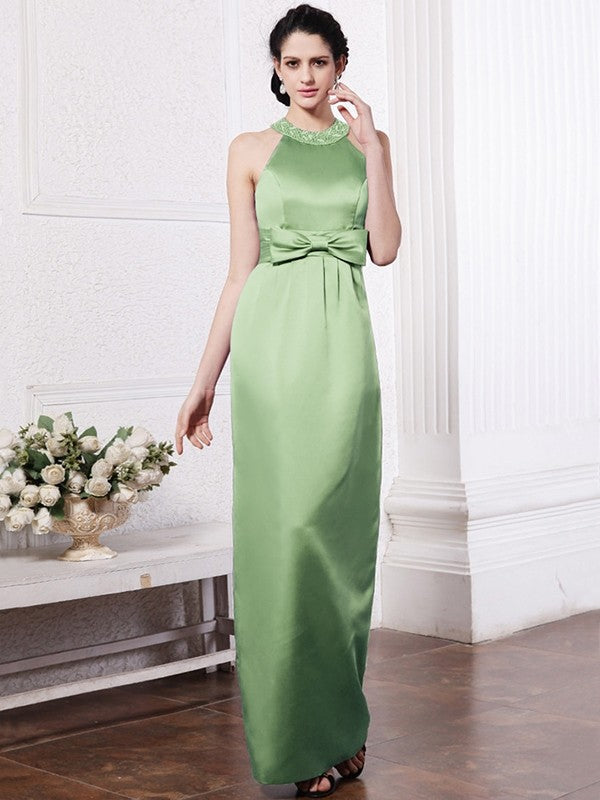 Sheath/Column Scoop Sleeveless Beading Bowknot Long Elastic Woven Satin Bridesmaid Dresses CICIP0005506