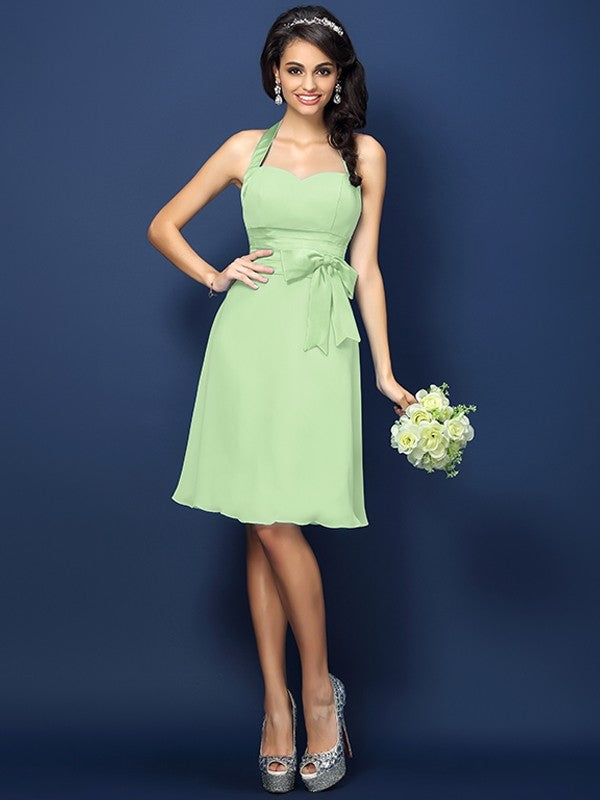 Sheath/Column Halter Bowknot Sleeveless Short Chiffon Bridesmaid Dresses CICIP0005707