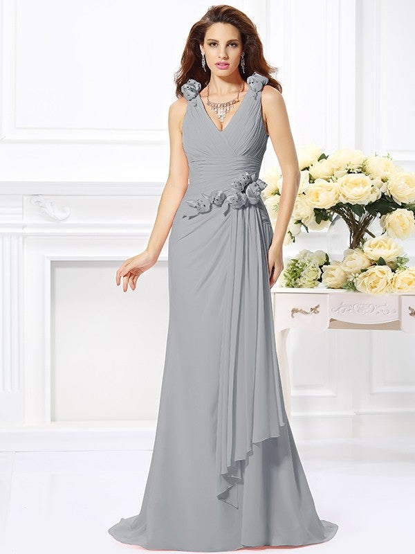 Trumpet/Mermaid V-neck Hand-Made Flower Sleeveless Long Chiffon Bridesmaid Dresses CICIP0005122