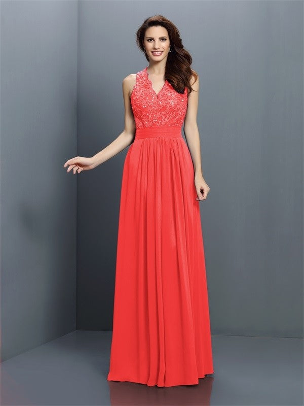 A-Line/Princess V-neck Applique Sleeveless Long Chiffon Bridesmaid Dresses CICIP0005255