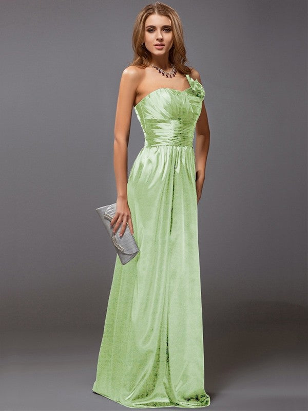 Sheath/Column One-Shoulder Sleeveless Ruffles Long Satin Bridesmaid Dresses CICIP0005611