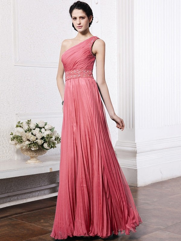 Sheath/Column One-Shoulder Sleeveless Beading Pleats Long Chiffon Bridesmaid Dresses CICIP0005588