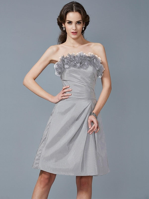 Sheath/Column Strapless Sleeveless Hand-Made Flower Short Taffeta Bridesmaid Dresses CICIP0005868