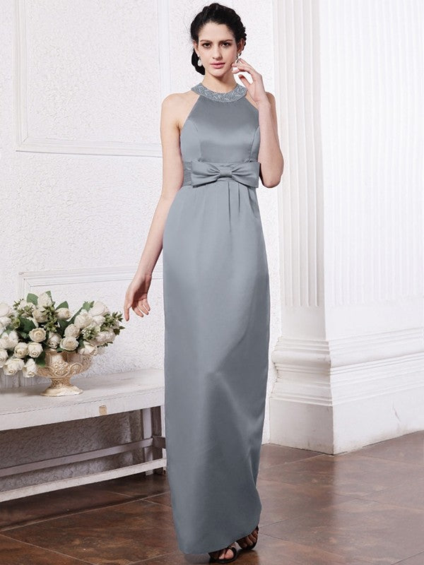 Sheath/Column Scoop Sleeveless Beading Bowknot Long Elastic Woven Satin Bridesmaid Dresses CICIP0005506