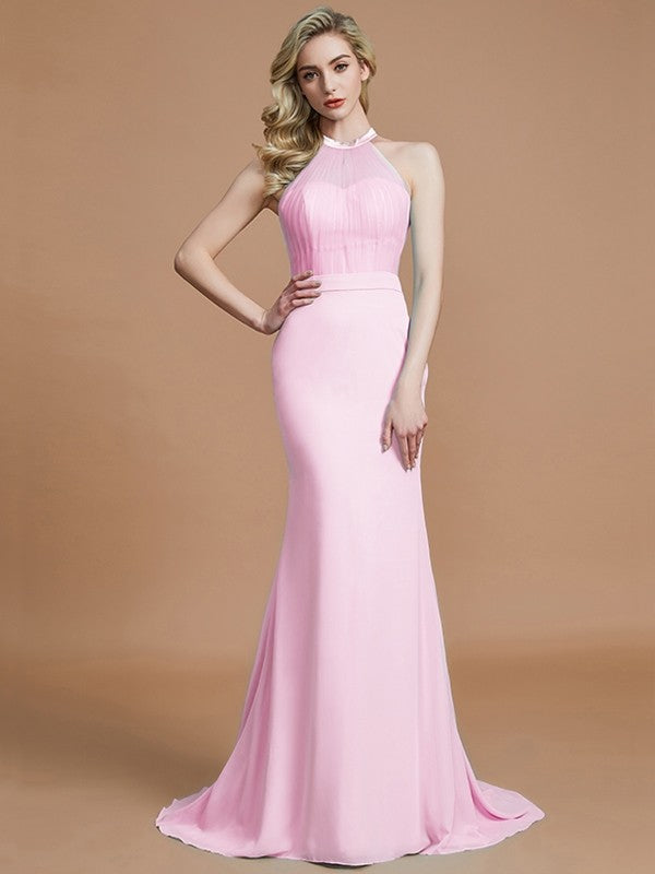 Trumpet/Mermaid Sleeveless Scoop Sweep/Brush Train Chiffon Bridesmaid Dresses CICIP0005142