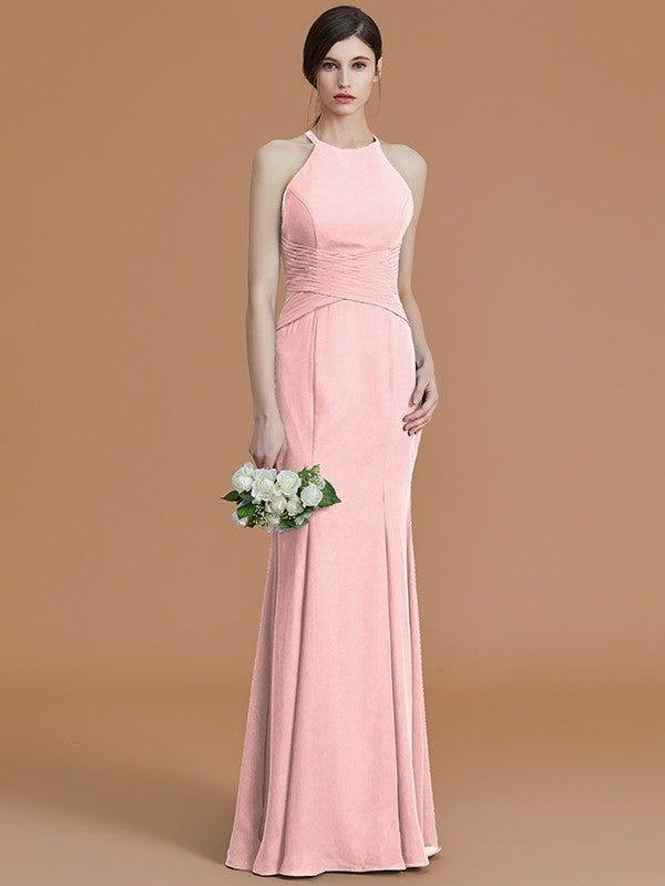 Trumpet/Mermaid Halter Sleeveless Floor-Length Ruched Chiffon Bridesmaid Dresses CICIP0005544