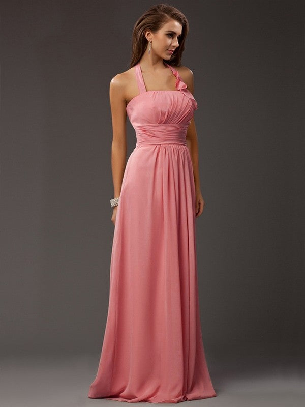 Sheath/Column Halter Sleeveless Ruffles Long Chiffon Bridesmaid Dresses CICIP0005366