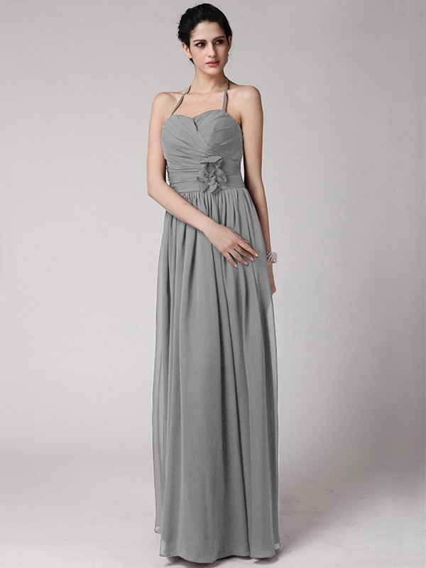 Sheath/Column Halter Sleeveless Hand-Made Flower Long Chiffon Bridesmaid Dresses CICIP0005817