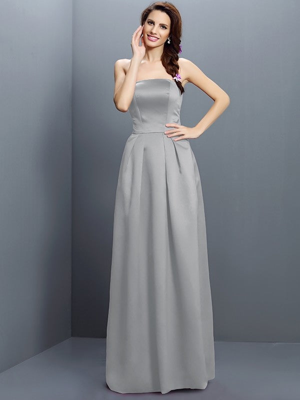 Sheath/Column Strapless Sleeveless Long Satin Bridesmaid Dresses CICIP0005853