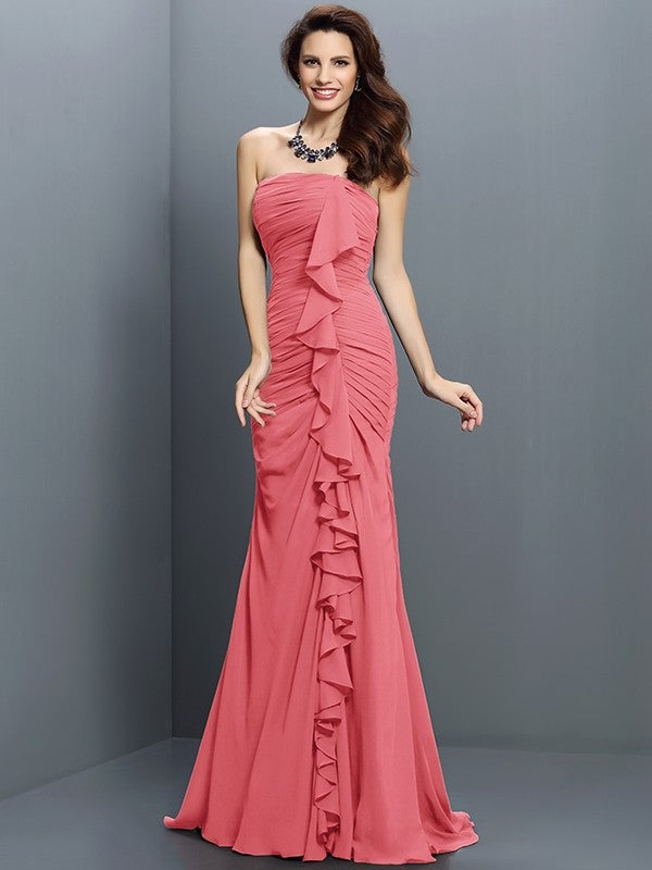 Trumpet/Mermaid Strapless Pleats Sleeveless Long Chiffon Bridesmaid Dresses CICIP0005428