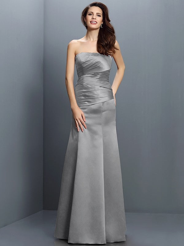 Sheath/Column Strapless Pleats Sleeveless Long Satin Bridesmaid Dresses CICIP0005635