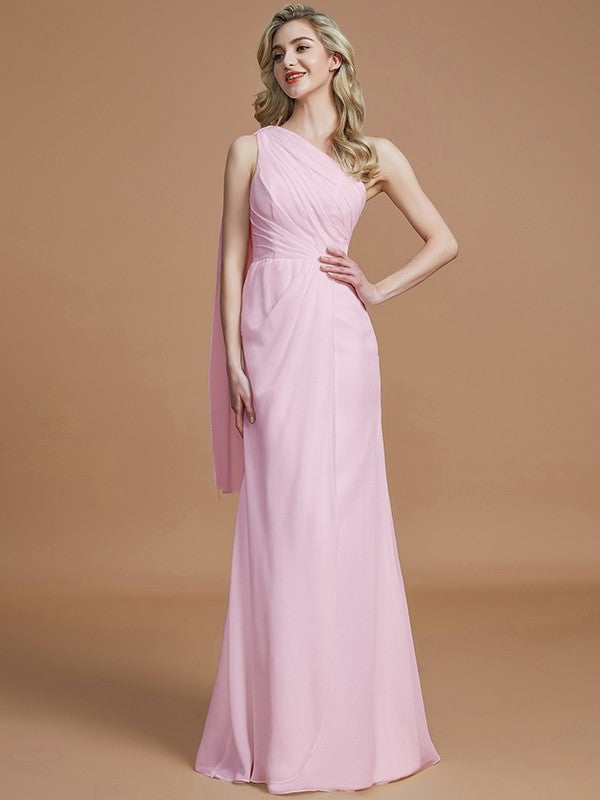 Sheath/Column One-Shoulder Sleeveless Floor-Length Chiffon Bridesmaid Dresses CICIP0005565