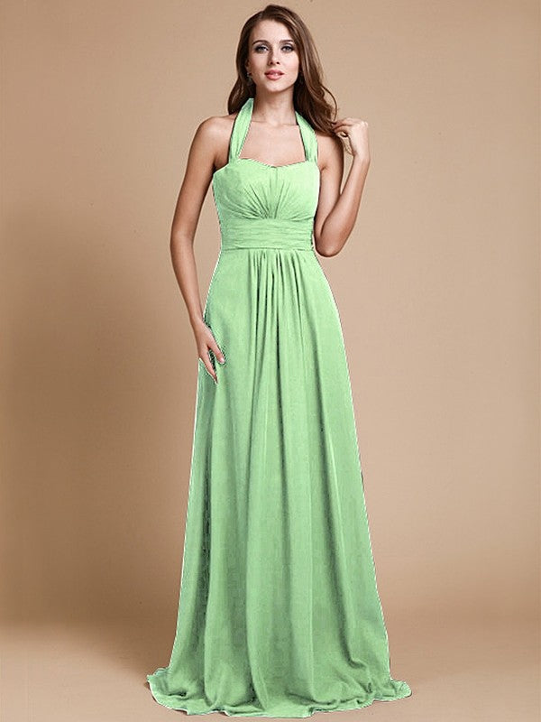 A-Line/Princess Halter Sleeveless Long Ruffles Chiffon Bridesmaid Dresses CICIP0005483