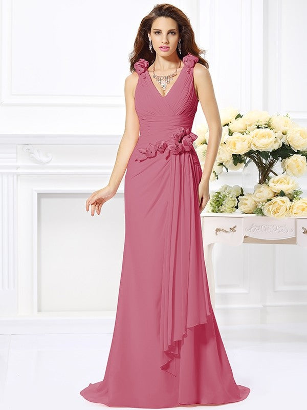 Trumpet/Mermaid V-neck Hand-Made Flower Sleeveless Long Chiffon Bridesmaid Dresses CICIP0005122