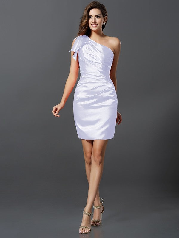 Sheath/Column One-Shoulder Pleats Sleeveless Short Elastic Woven Satin Bridesmaid Dresses CICIP0005605