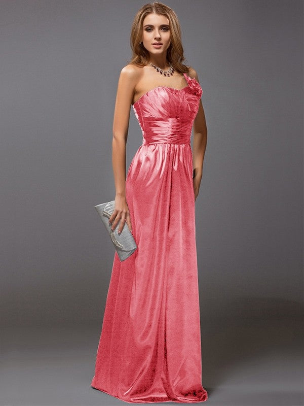 Sheath/Column One-Shoulder Sleeveless Ruffles Long Satin Bridesmaid Dresses CICIP0005611