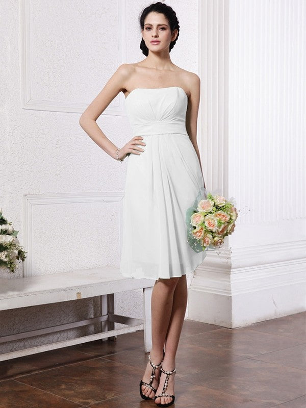 Sheath/Column Strapless Sleeveless Pleats Short Chiffon Bridesmaid Dresses CICIP0005722