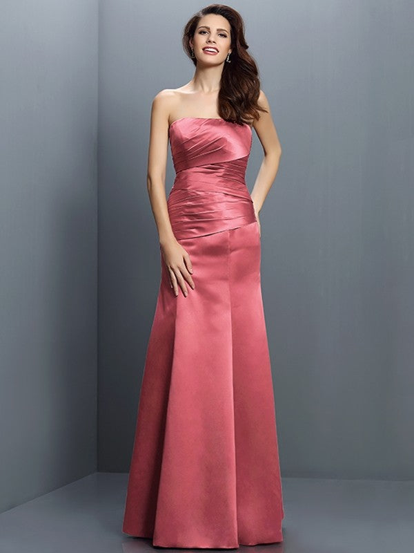 Sheath/Column Strapless Pleats Sleeveless Long Satin Bridesmaid Dresses CICIP0005635