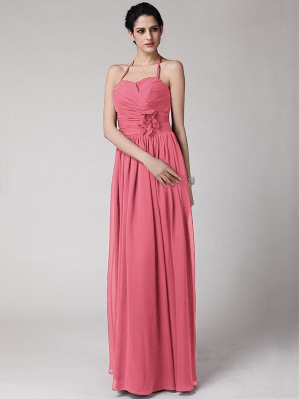 Sheath/Column Halter Sleeveless Hand-Made Flower Long Chiffon Bridesmaid Dresses CICIP0005817