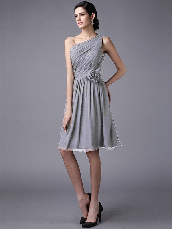 Sheath/Column One-Shoulder Sleeveless Pleats Short Chiffon Bridesmaid Dresses CICIP0005846