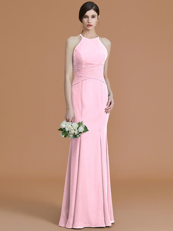 Trumpet/Mermaid Halter Sleeveless Floor-Length Ruched Chiffon Bridesmaid Dresses CICIP0005544