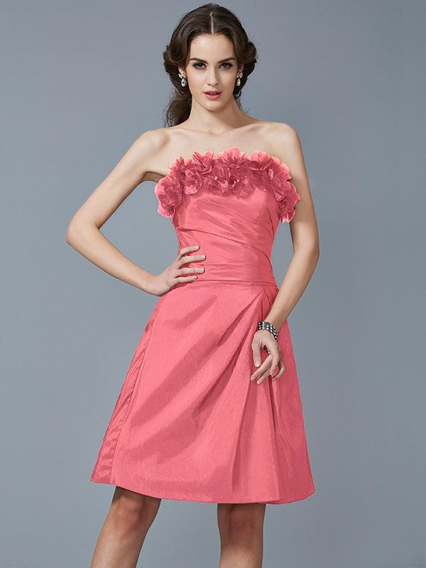 Sheath/Column Strapless Sleeveless Hand-Made Flower Short Taffeta Bridesmaid Dresses CICIP0005868