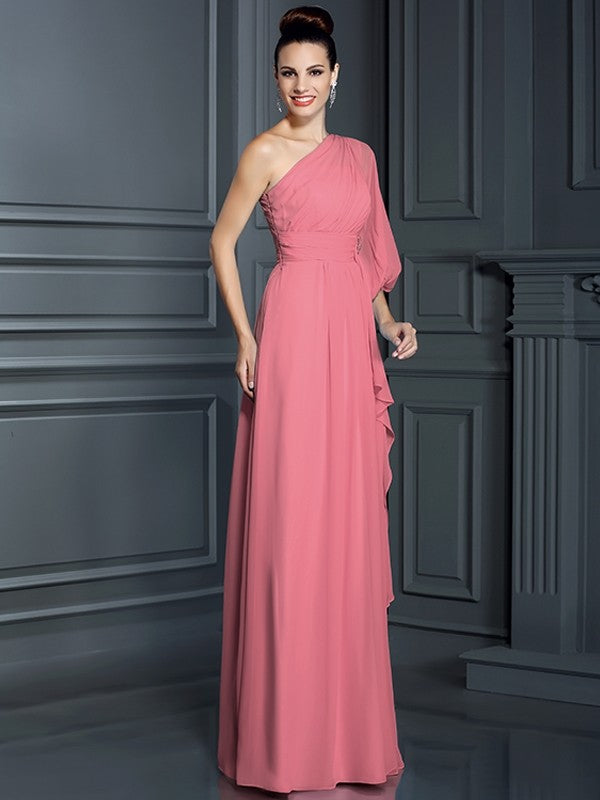 Sheath/Column One-Shoulder 3/4 Sleeves Long Chiffon Bridesmaid Dresses CICIP0005047