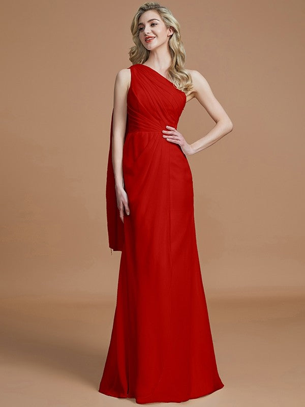 Sheath/Column One-Shoulder Sleeveless Floor-Length Chiffon Bridesmaid Dresses CICIP0005565