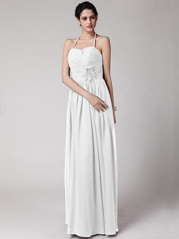 Sheath/Column Halter Sleeveless Hand-Made Flower Long Chiffon Bridesmaid Dresses CICIP0005817