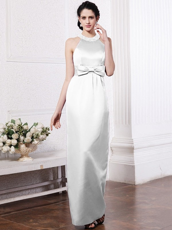 Sheath/Column Scoop Sleeveless Beading Bowknot Long Elastic Woven Satin Bridesmaid Dresses CICIP0005506