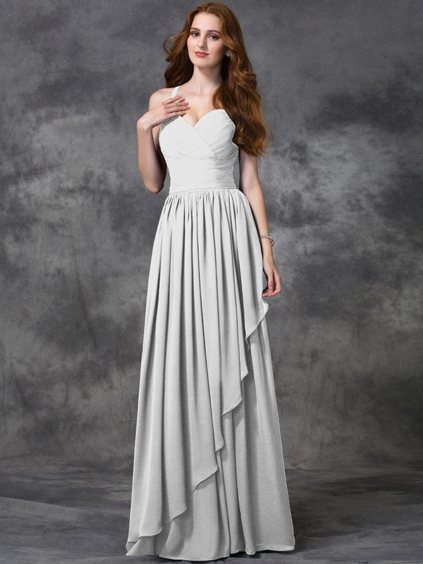 A-line/Princess Spaghetti Straps Sleeveless Long Ruffles Chiffon Bridesmaid Dresses CICIP0005431