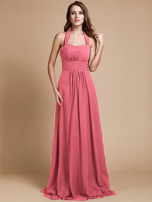 A-Line/Princess Halter Sleeveless Long Ruffles Chiffon Bridesmaid Dresses CICIP0005483