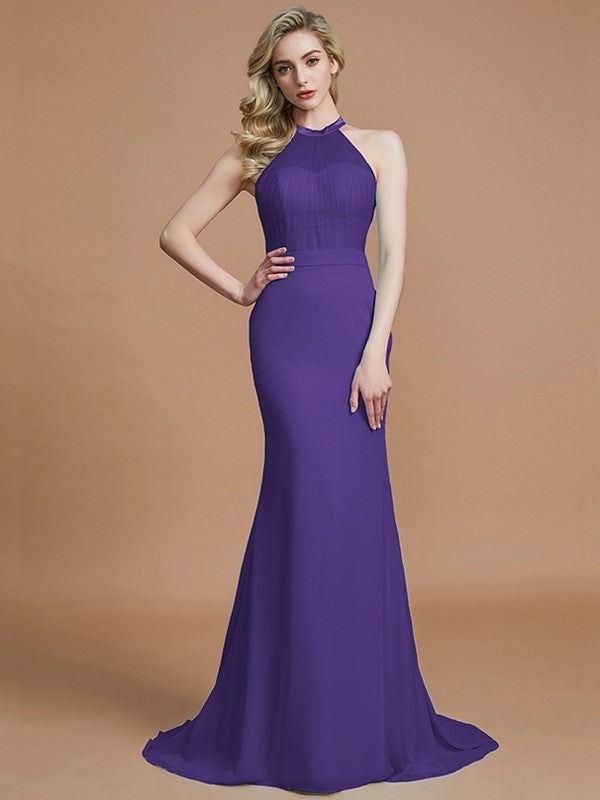 Trumpet/Mermaid Sleeveless Scoop Sweep/Brush Train Chiffon Bridesmaid Dresses CICIP0005142